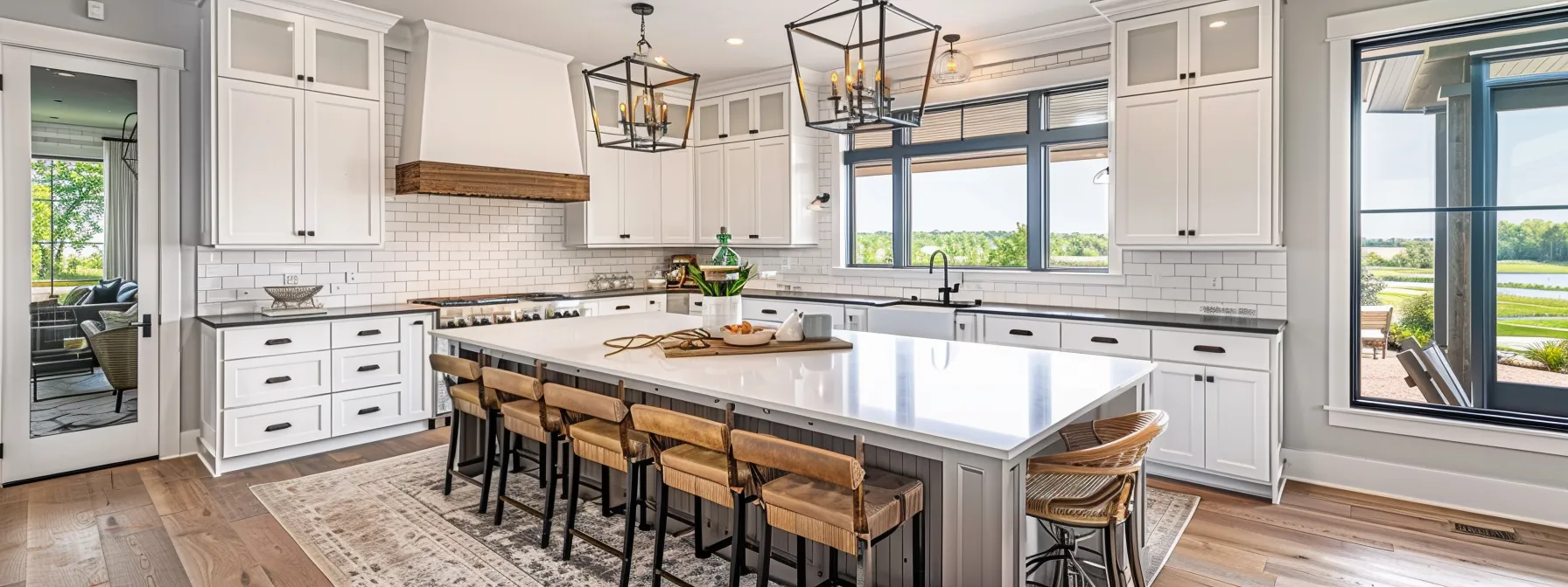 a sleek, modern kitchen with custom cabinets showcasing impeccable craftsmanship and tailored design, perfectly complementing a luxurious countertop and overall design vision.