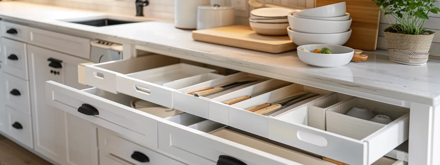 a sleek, white kitchen cabinet set cleverly organized in a small space, maximizing storage efficiency.