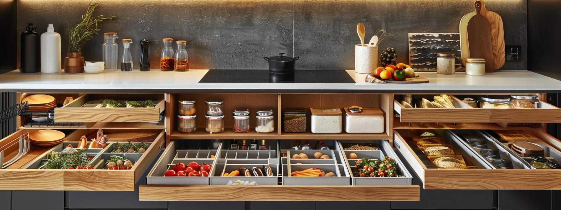 a beautifully arranged kitchen showcases a variety of custom rta cabinets, featuring elegant hardware finishes, striking colour choices, and thoughtful drawer and shelf configurations that highlight personalized storage solutions.