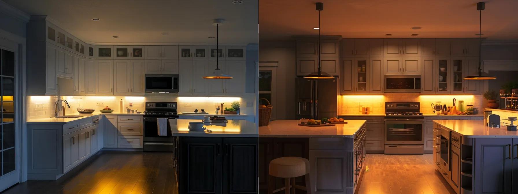 a beautifully arranged kitchen showcases a striking comparison between sleek assembled cabinets and versatile ready-to-assemble options, illuminated by warm, inviting lighting that highlights their modern finishes and spacious storage potential.