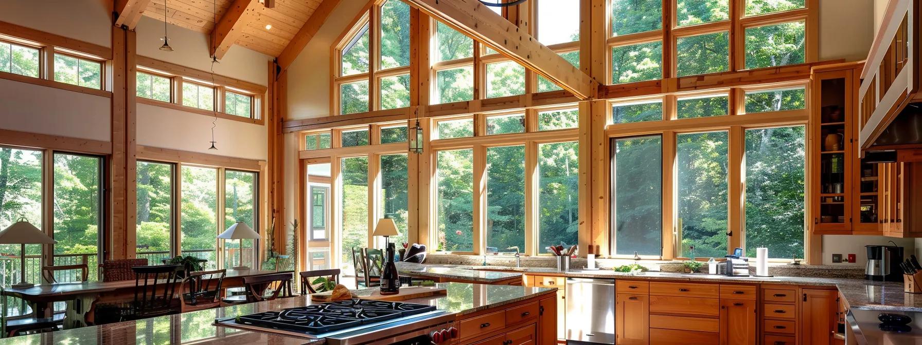 a beautifully designed kitchen features a striking array of custom cabinets made from varied materials, showcasing natural wood's warmth alongside sleek, eco-friendly finishes, all illuminated by soft, natural light streaming through large windows.