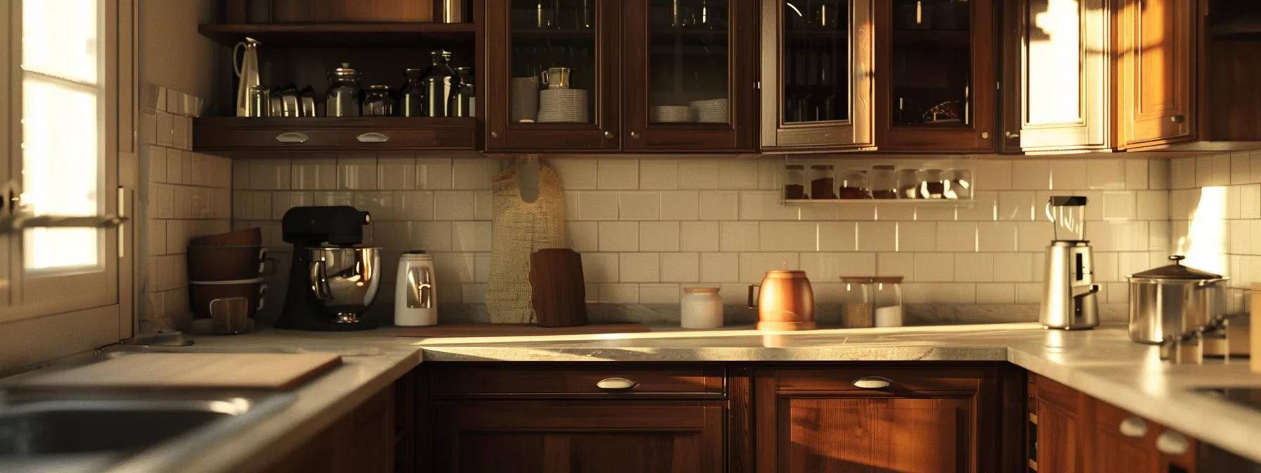 a beautifully organized kitchen showcases elegant rta cabinets in rich wood tones, perfectly fitted to the space with harmonious decor elements, bathed in soft, natural light that highlights their functionality and style.