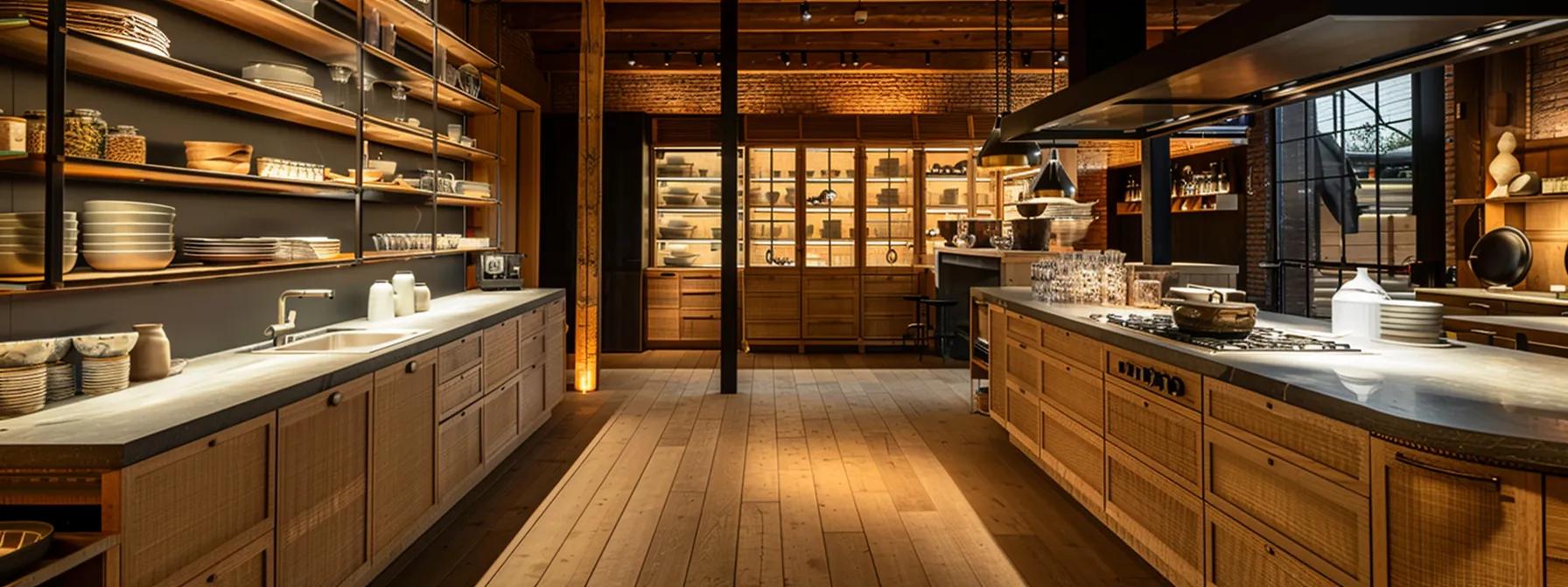 a beautifully staged kitchen showcases a stunning array of unique custom cabinets, blending modern sleekness with rustic charm, illuminated by soft, natural light that enhances the elegant design and inviting atmosphere.