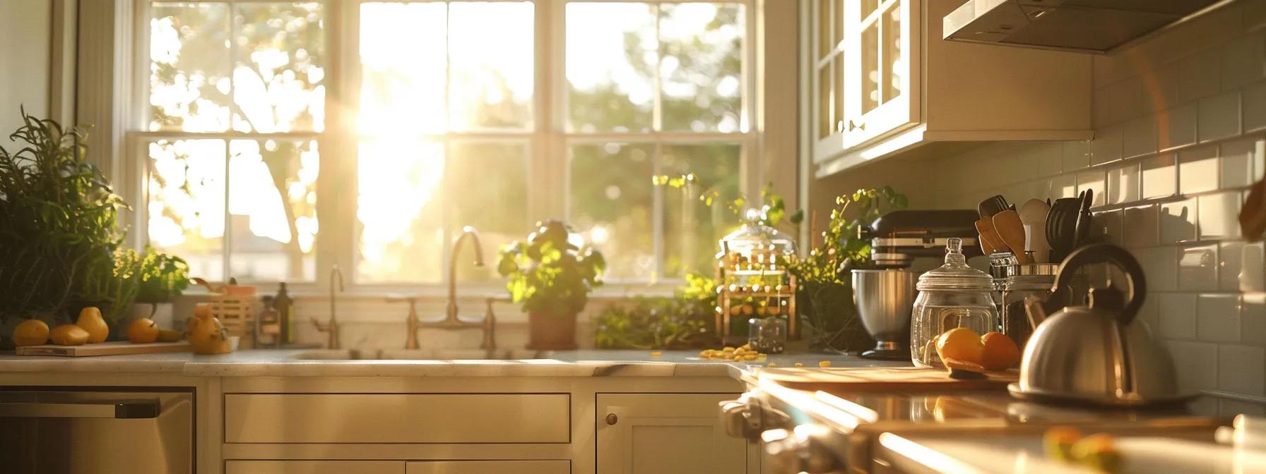 a serene, elegantly designed kitchen showcases high-quality rta cabinets with a backdrop of sunlight streaming through a window, highlighting the balance of functionality and style while reflecting the importance of selecting reputable suppliers.