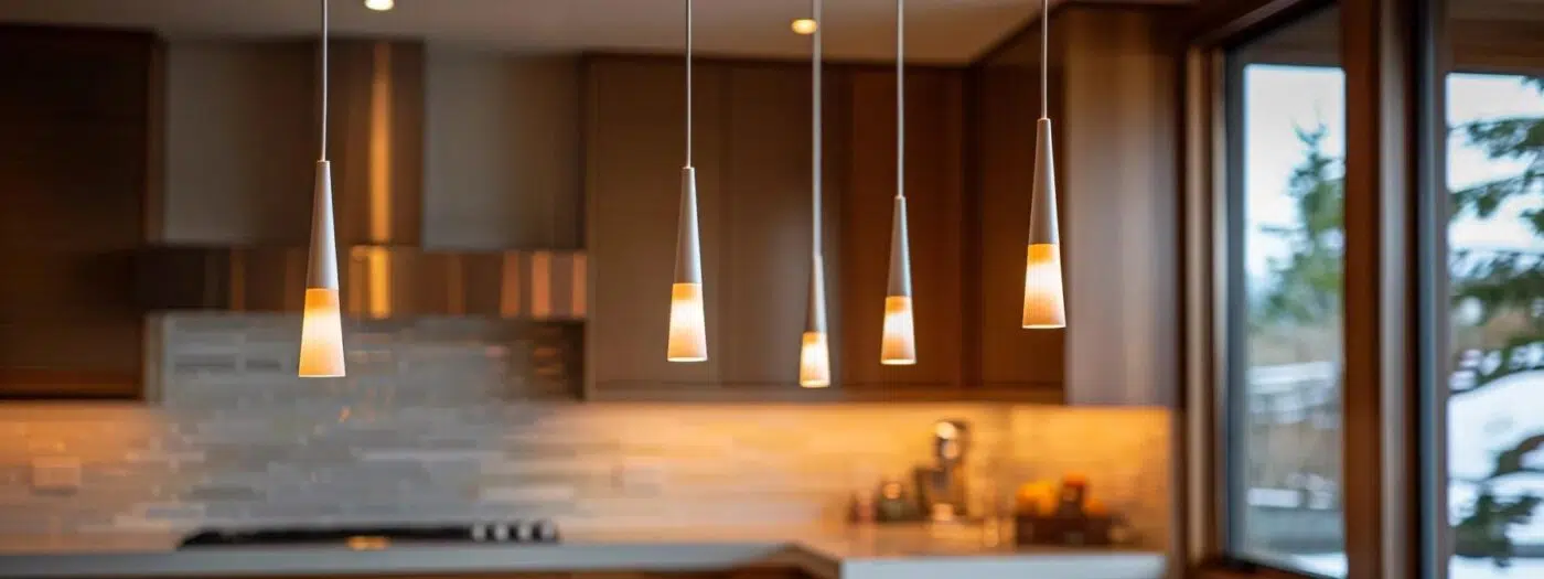 a stunning modern kitchen showcasing sleek, custom-designed cabinets in a harmonious blend of rich wood tones and pristine white finishes, illuminated by warm, inviting pendant lights.