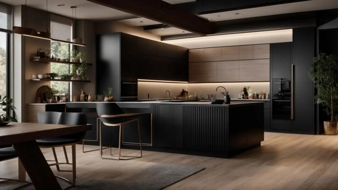 a sleek, modern kitchen showcases striking black cabinets illuminated by warm, soft lighting, creating an inviting and sophisticated atmosphere.