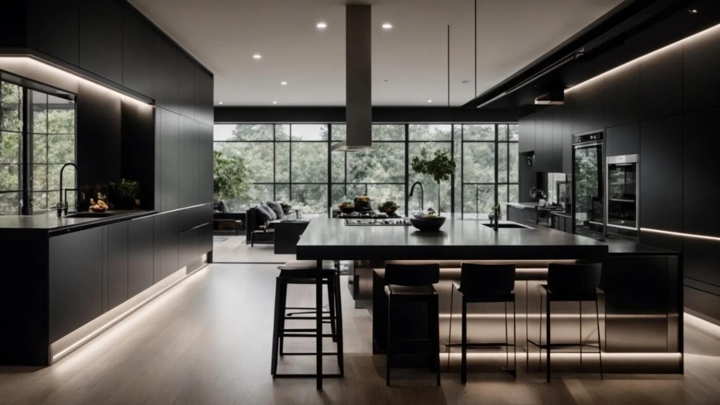 a sleek, modern kitchen features glossy black cupboards that contrast sharply with a bright white countertop, illuminated by soft, ambient lighting that accentuates their smooth finish.